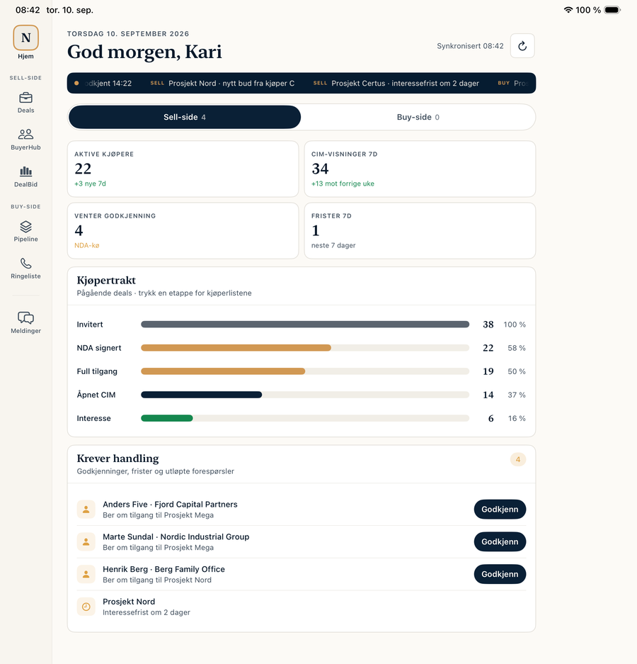 DealHub for iPad — kontrollrommet med NDA-forespørsler til godkjenning