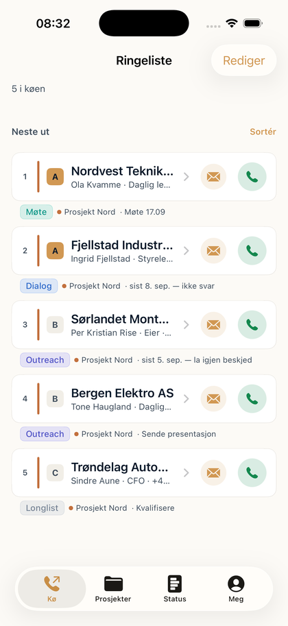 DealHub BS for iPhone — ringelisten med målselskaper